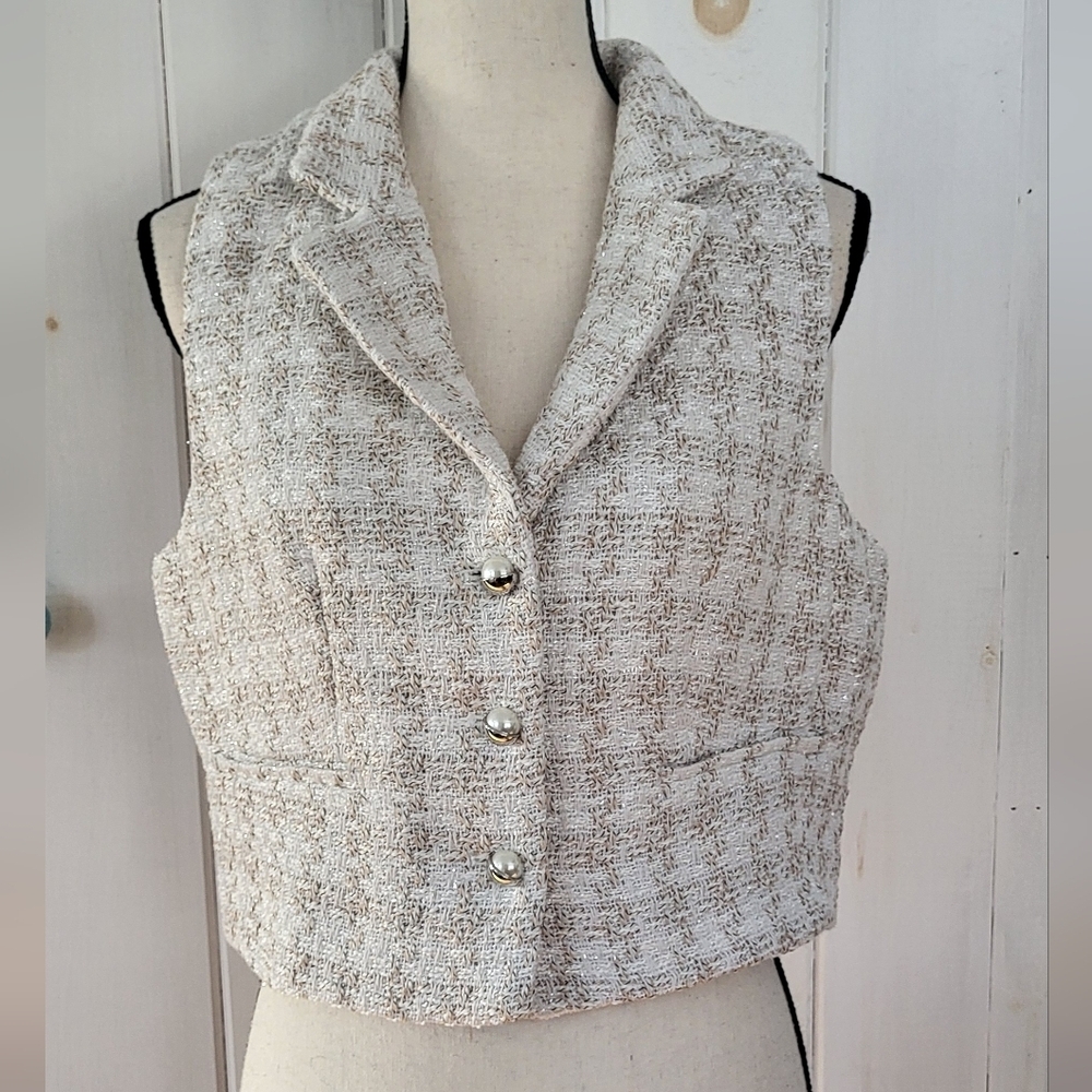 Rachel Zoe Tweed Metallic Button Front Crop Vest